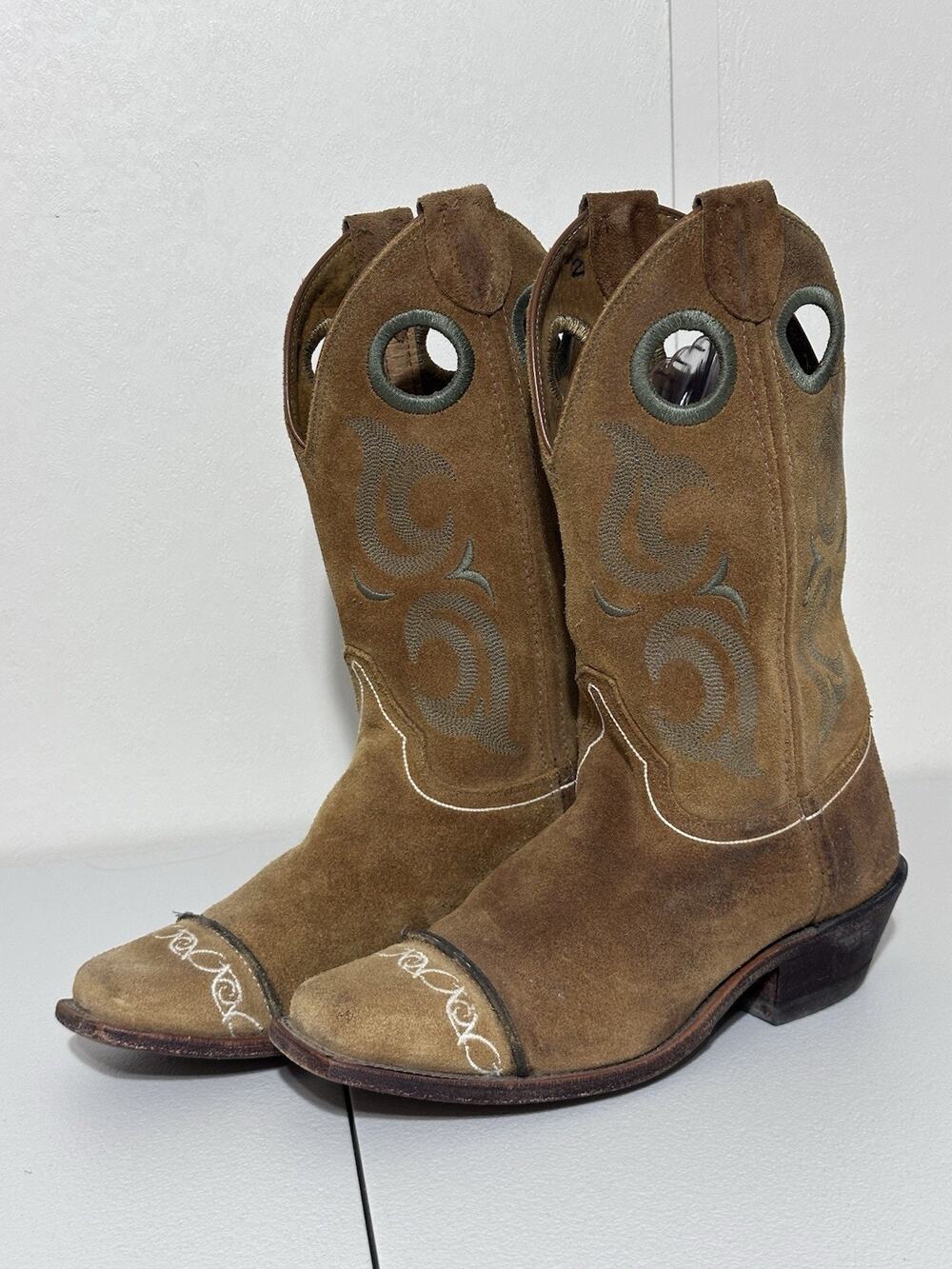 Justin Bent Rail Western Cowboy Boots SZ 6.5 Brown Suede Green Stitching Square
